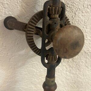 Antique Hand Crank Drill Cast Iron Wood Handle Primitive Tool c1900